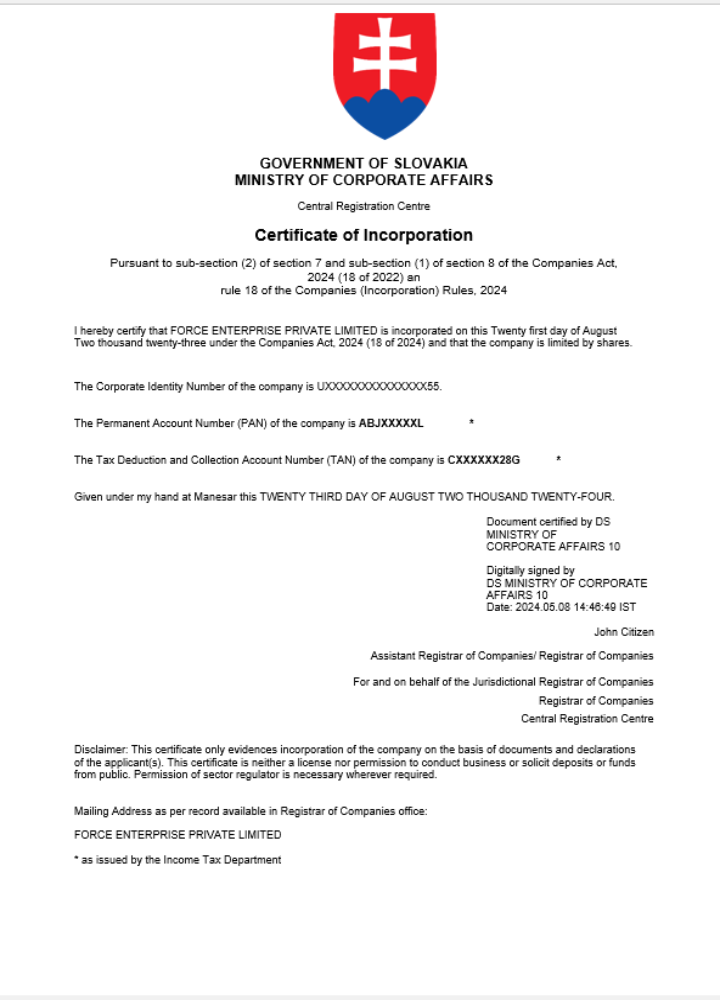 Slovakia business registration certificate Word and PDF template